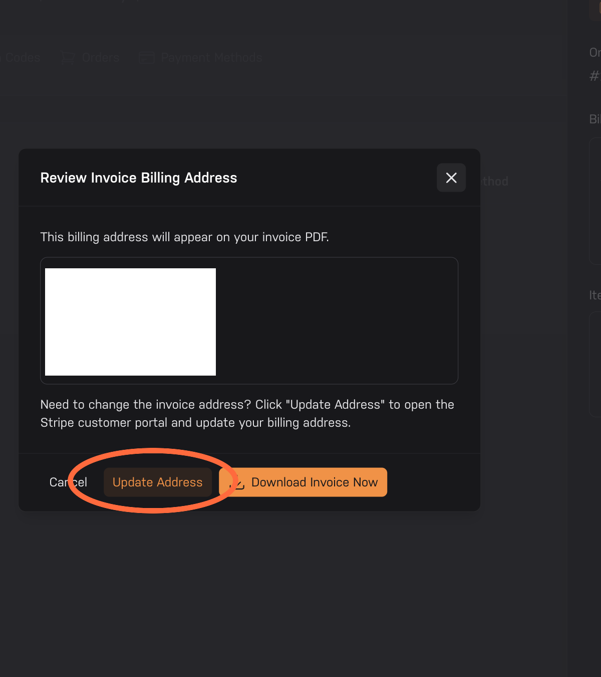 Aperçu de l'adresse de facturation sur la facture avant le téléchargement de la facture